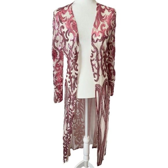 Boho Pink Sequin Glam Mesh Duster Size Small - Picture 1 of 11